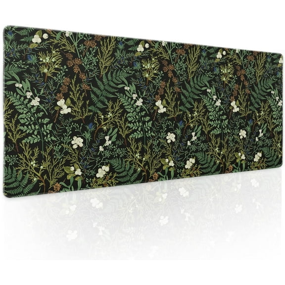 Black Aesthetic Vintage Botanical Gaming Mouse Pad XL Cute Forest Green Plant Nature Floral Extended Large Big Mousepad Non-Slip Stitched Edge Long Mat for Desk Office Computer,31.5×11.8 in