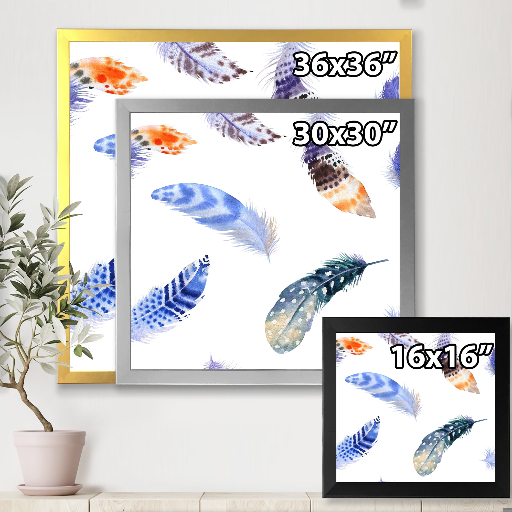 Designart 'Colourful Boho Feather Set On White VII' Bohemian & Eclectic Framed Art Print