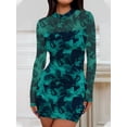 thumbnail image 5 of Women'S Mesh Sheer Long Sleeve Ruched Mini Dress Bodycon Mock Neck Cocktail Party Club Dresses Lake Blue Flowers S, 5 of 9