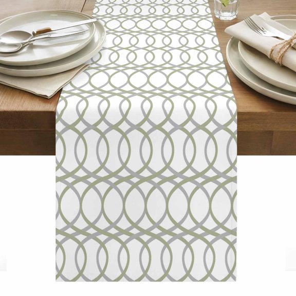 Green Grey Geometric Table Runner - 60 Inch Long, Kitchen Dining Table Runner Dresser Scarves, Abstract Modern Twisted Lines Art Farmhouse Decor for Coffee Tables Wedding Party Banquet