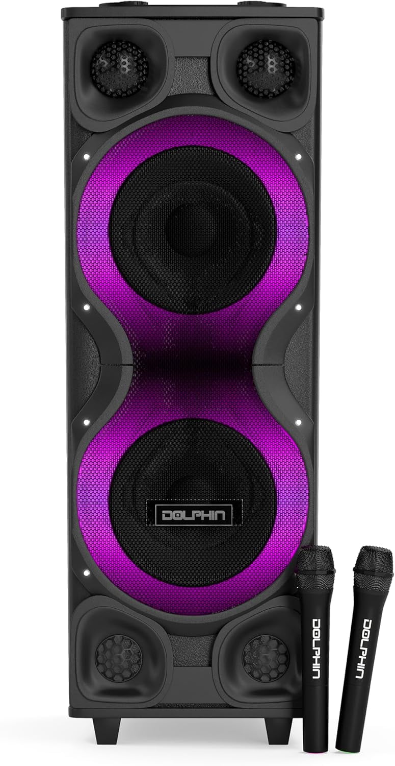 Dolphin SP-2250RBT High-Power Big Party Speaker – X-BASS, Strobe & LED Infinity Lights, Bluetooth, Wood Cabinet MDF, 2 UHF Wireless Mics, 120W, Long-Lasting Battery for DJ & Karaoke