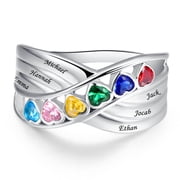 JQUEEN Women's Personalized 925 Sterling Silver Rings for Her with 6 Heart Cut birthstones Twisted Stacking Engraved Family Anniversary Rings for Mom Grandmother with Any Names Size 5-12