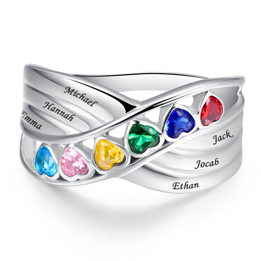 JQUEEN Women's Personalized 925 Sterling Silver Rings for Her with 6 Heart Cut birthstones Twisted Stacking Engraved Family Anniversary Rings for Mom Grandmother with Any Names Size 5-12