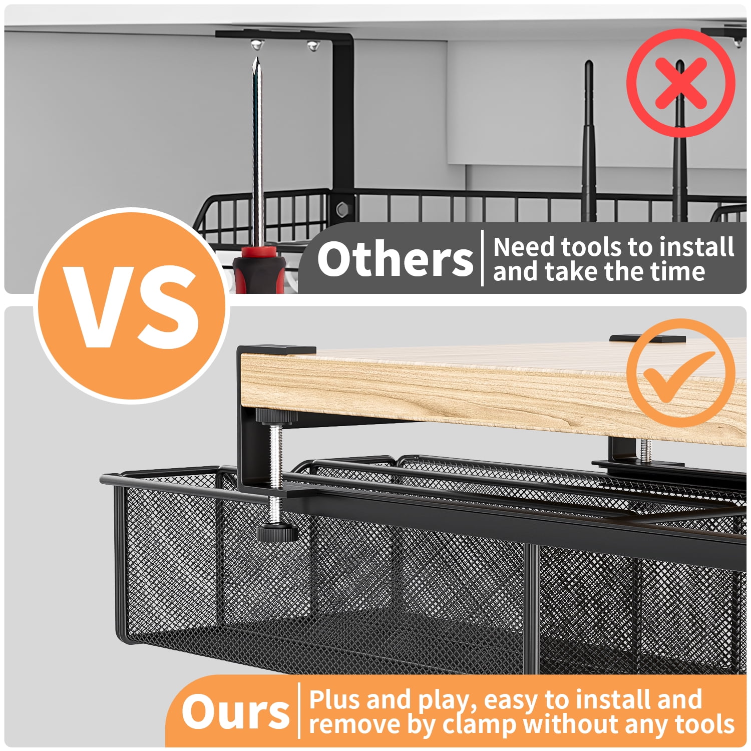 Mintazer Under Desk Drawer Clamp-On Mesh Metal Under Table Storage Organizer Slide Out Caddy with 3 Compartments for Home & Office Essentials, Black