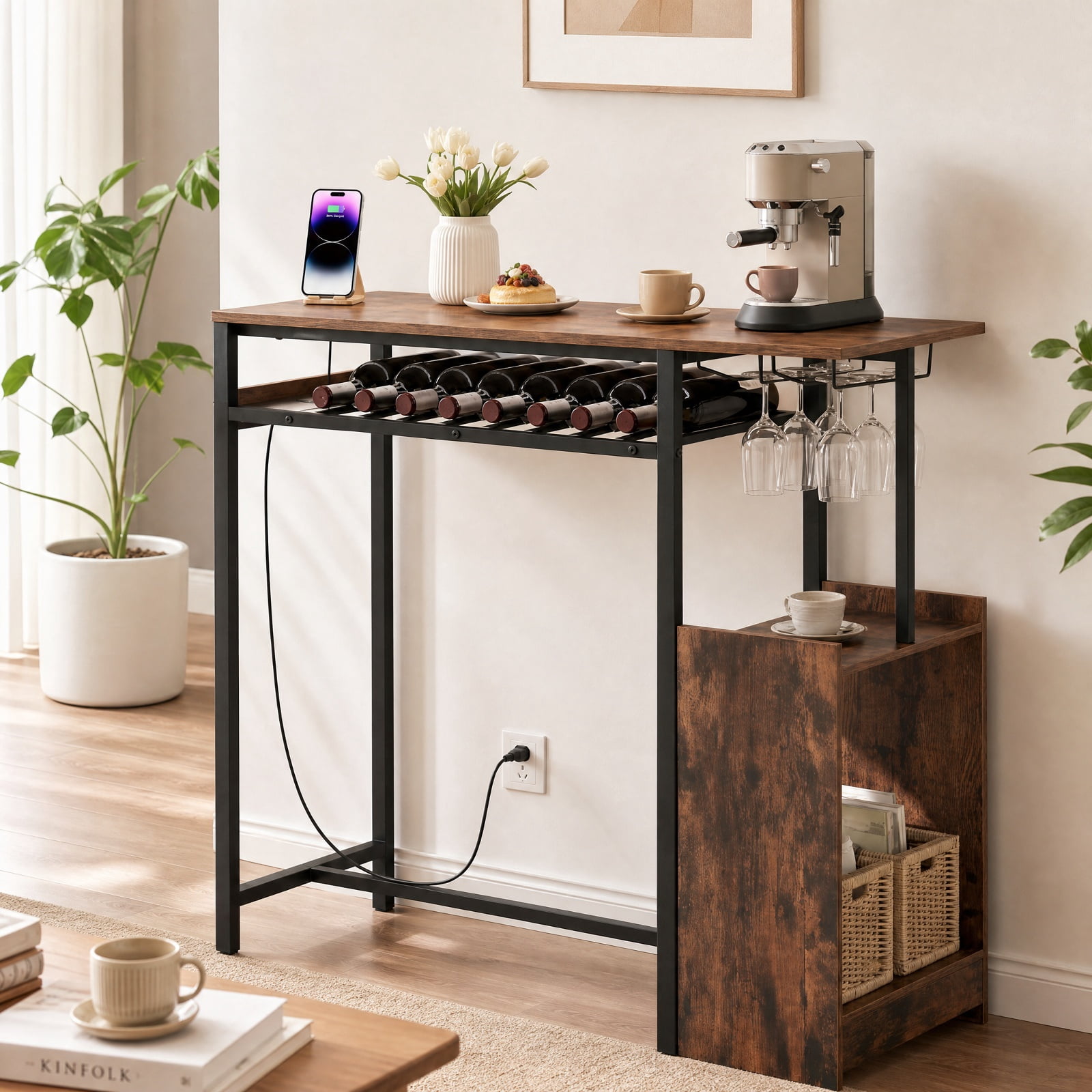 Furnibear Rectangular Bar Table with Charging Station and LED Light for Kitchen Dining Bar Bistro Pub Home Counter Height, Rustic Brown