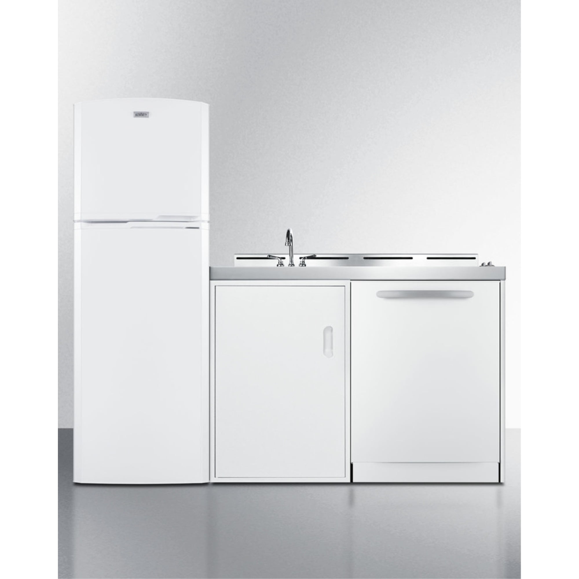 All-in-one combination kitchenette with full-sized refrigerator-freezer, dishwasher, sink, storage cabinet, and 2-burner coil cooktop