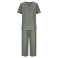 thumbnail image 4 of Women's Cotton Linen 2 Piece Outfit V Neck Shirt Wide Leg Pants Sets Solid Color Soft Tracksuits Elegant Lounge Sets Loose Clothes for Ladies Short Sleeve Casual Green XL, 4 of 6