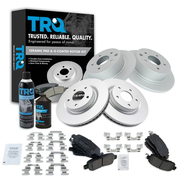 TRQ Front & Rear Ceramic Pad & Brake Coated Rotor Kit w/Fluids for Nissan Altima BKA23133
