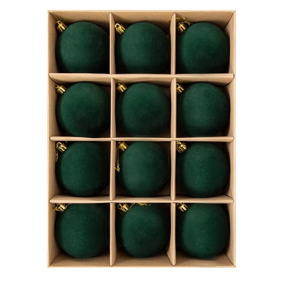 Dark Green Velvet Christmas Ball Ornaments, 12 Pcs 2.36in Flocked Hanging Balls for Christmas Tree Holiday Decor