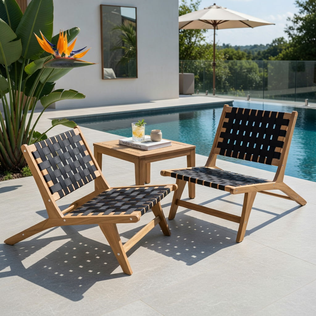 Hommoo Indoor & Outdoor Teak Wooden Chair with Woven Webbing Seat and Ergonomic Backrest, Lightweight & Weather-Resistant Patio Seating, Natural + Black