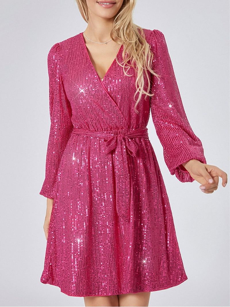 Wassery Women's Sequin Short Dress Long Sleeve Wrap V Neck Belted Glitter  Party Dress Fall A-Line Dress Streetwear Clubwear - Walmart.com