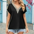 thumbnail image 7 of Women's Lace Crochet Trim V Neck Short Sleeve Shirt Colorblock Blouse Top Summer Casual Comfy Tunics Loose Fit Tshirts, 7 of 7