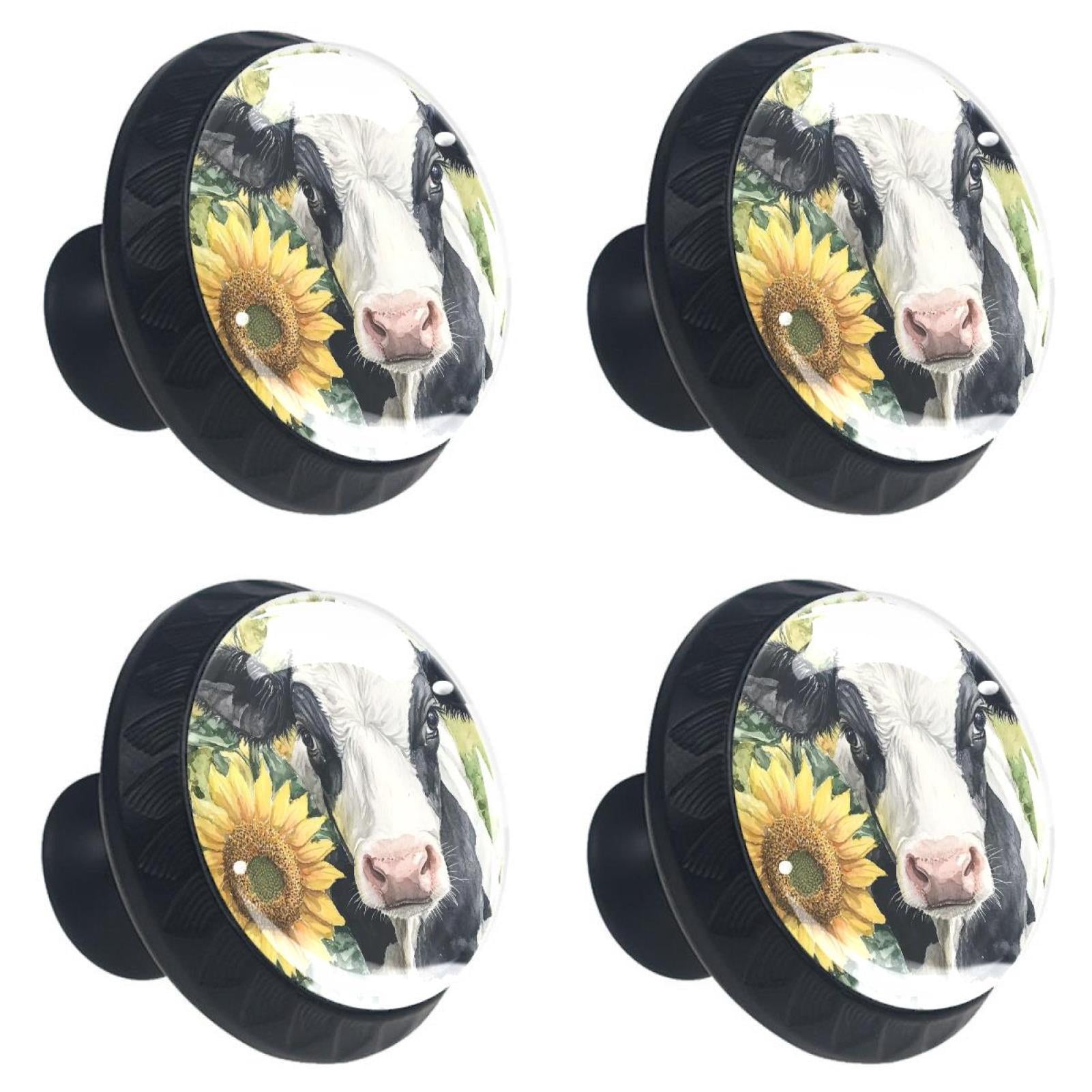 4 Pcs Cow and Sunflower Knobs for Kitchen Cabinet Cupboard Dresser Bookcase Drawer Pulls Handles Round Home Decor