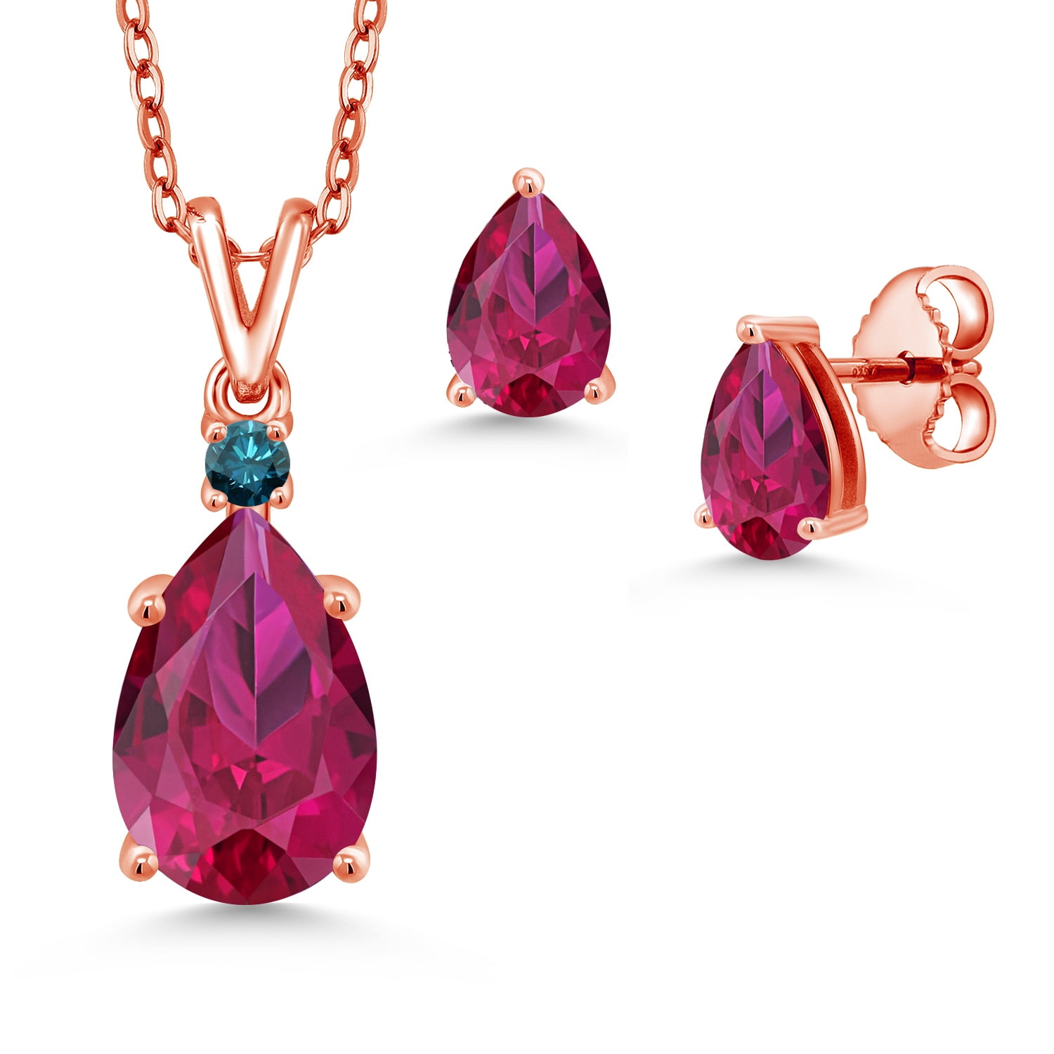 18K Rose Gold Plated Silver Red Created Ruby and Blue Diamond Pendant and Earrings Jewelry Set for Women | 5.55 Cttw | Gemstone July Birthstone | Pear Shape 12X8MM and 7X5MM | with 18 inch Chain