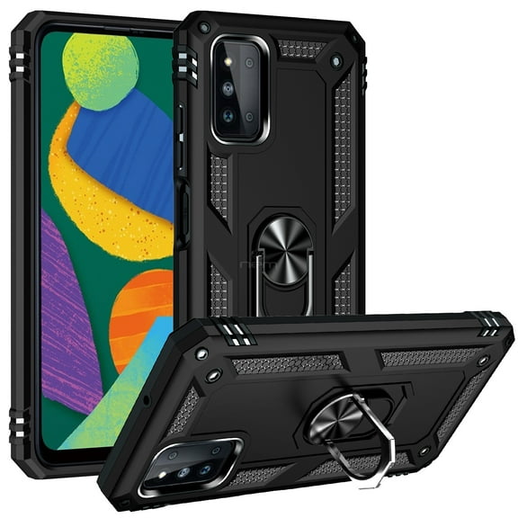 For Samsung Galaxy F52 5G 360° Rotating Metal Ring Holder Kickstand Magnetic Car Mount Protective Case Cover Black