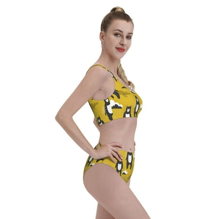Goofa Cartoon Bear Yellow Pattern High Waisted Bikini Set - Two Piece Swimsuit for Women  Summer Bathing Suit Trendy Swimwear-Small