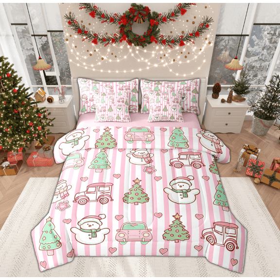 Manfei Cute Snowman Twin Bedding Sets 7-Piece for Girls, Dreamy Christmas Cartoon Bedding Comforter Set, Fairy Tale Reversible Sheet Sets, Super Cozy Room Decor