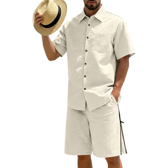 Hogleaql Men's 2 Pieces Linen Set Summer Short Sleeve Button Shirts and Shorts Outfits Elastic Waist Casual Loose Fit Fashion Matching Sets with Pockets Complexion XL