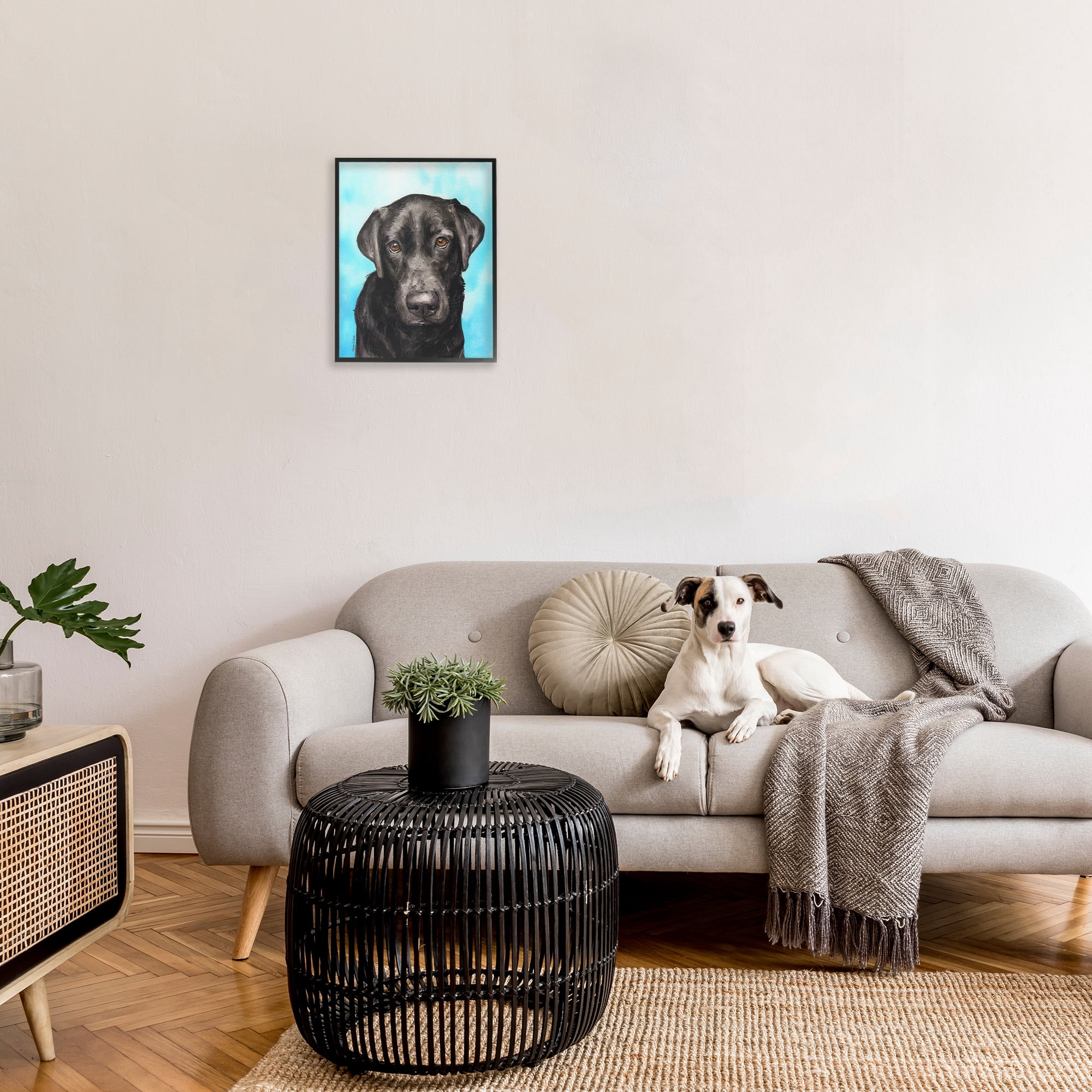 Stupell Industries Black Lab Portrait on Blue Animals & Insects Painting Black Framed Art Print Wall Art, 16 x 20