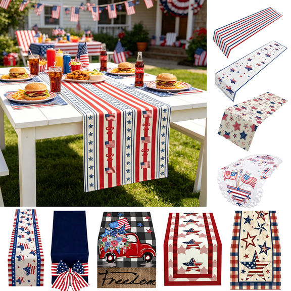Dongrere 4th of July Table Runner Red White Blue Stars Stripes Flag Bow Print Table Linens for Independence Day Party Dining Decor