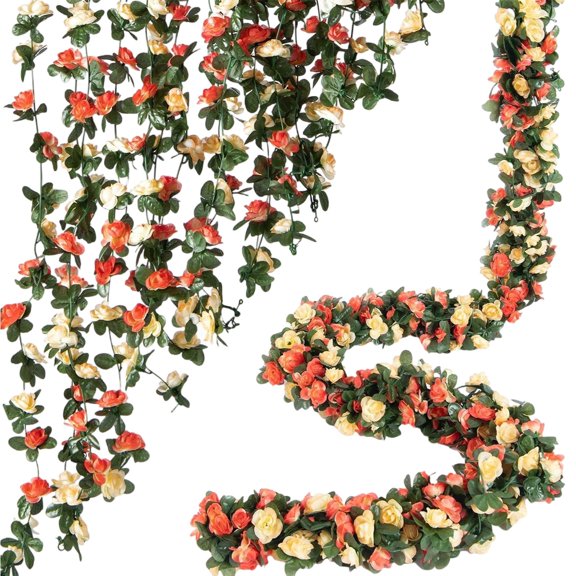 WMGHA 8FT Artificial Eucalyptus Garland with Flowers, Artificial Rose Floral Vines Fake Hanging Spring Flower Garland for Wall Backdrop Wedding Arch Tea Party Door Mantle Decoration