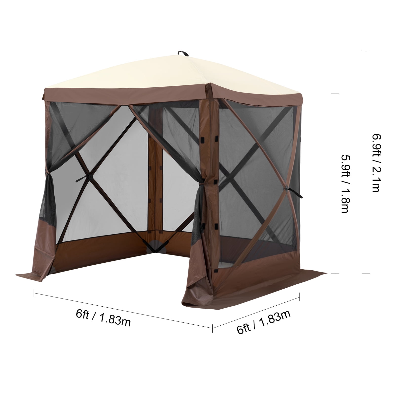 KFFKFF Pop-Up Canopy Gazebo 6 x 6 FT, 4-Side Screen Canopy with Detachable Wind Panels & Mesh Windows, Outdoor Canopy Tent Screen House with Bug Netting, Brown