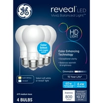 GE Reveal HD LED 60 Watt Replacement, Reveal Soft White, A19 General Purpose Bulbs (4 Pack)