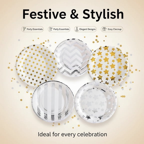 Gold & Silver Star-Patterned Paper Plates — 7-Inch, Pack of 50 — "Twinkle, Twinkle Little Star" Themed Disposable Plates, Ideal for Weddings, Birthdays, Bridal Showers, Thanksgiving, Easter, Christma