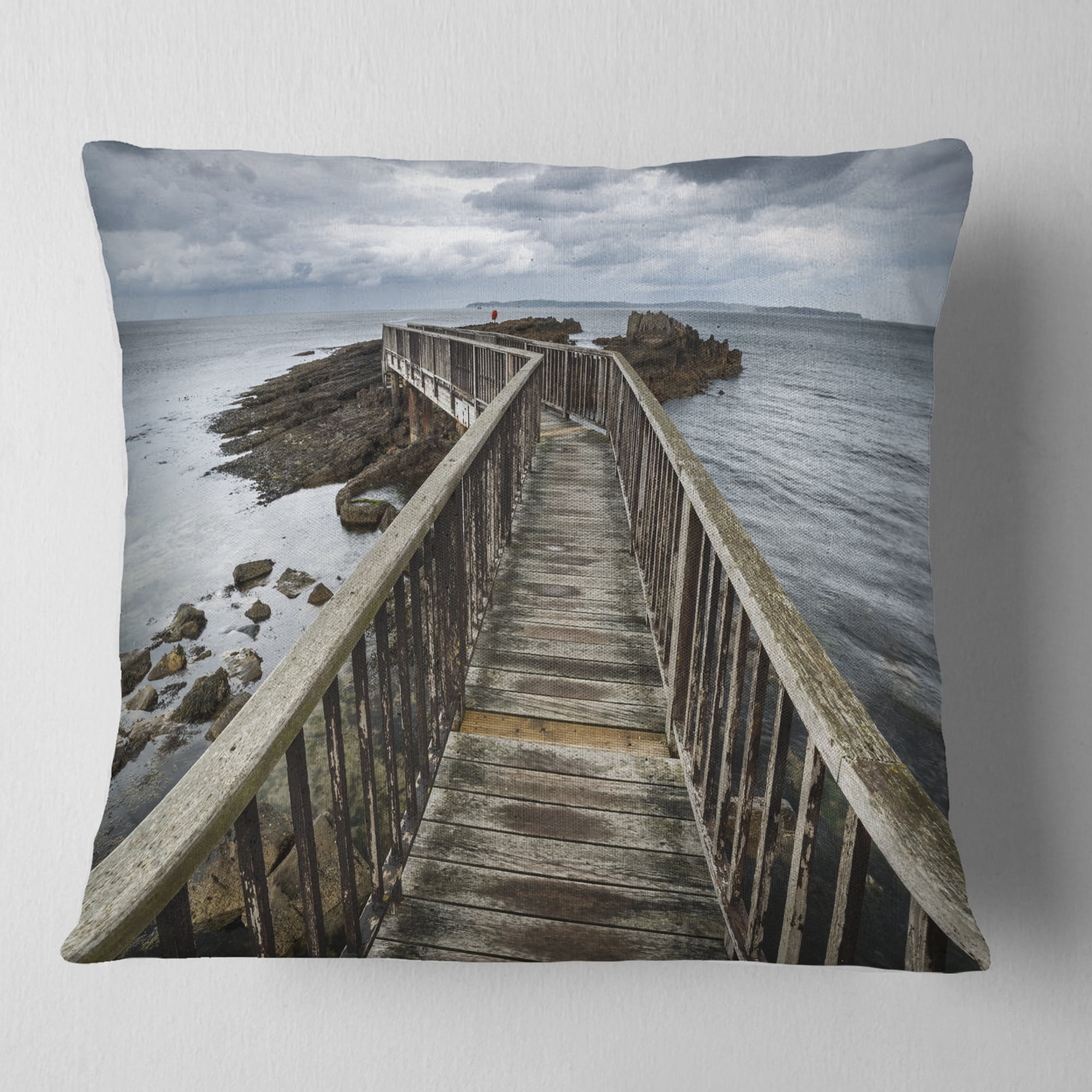 Designart Wooden Pier on North Irish Coastline - Sea Bridge Throw Pillow - 16x16
