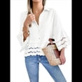 thumbnail image 3 of Blusa Informal con Mangas Acampanadas 3/4 para Mujer, con Botones y Dobladillo con Volantes, con Ojales M, 3 of 8