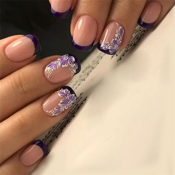 24 Pcs Glossy Press On Nails Short Square False Nails Lovely Flowers Stick On Nails French Tip Artificial Nails