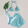 thumbnail image 4 of 2024 Women Shiny Rave Outfits Halter Bikini Sets Bra Top Panty Mini Skirt Metallic Swimsuit Dancewear Tropical Swim Wear, 4 of 5