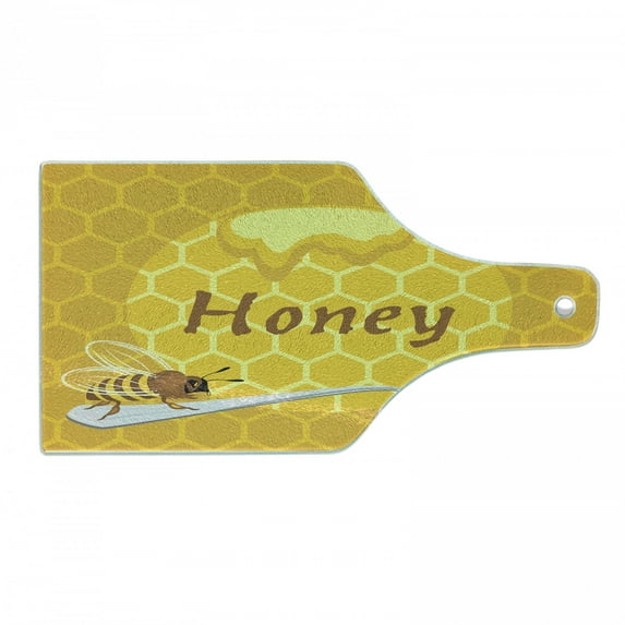 Honeycomb Cutting Board, Bee on a Spoon Full of Honey on Geometric Background Pattern Hive Theme, Decorative Tempered Glass Cutting and Serving Board, in 3 Sizes, by Ambesonne