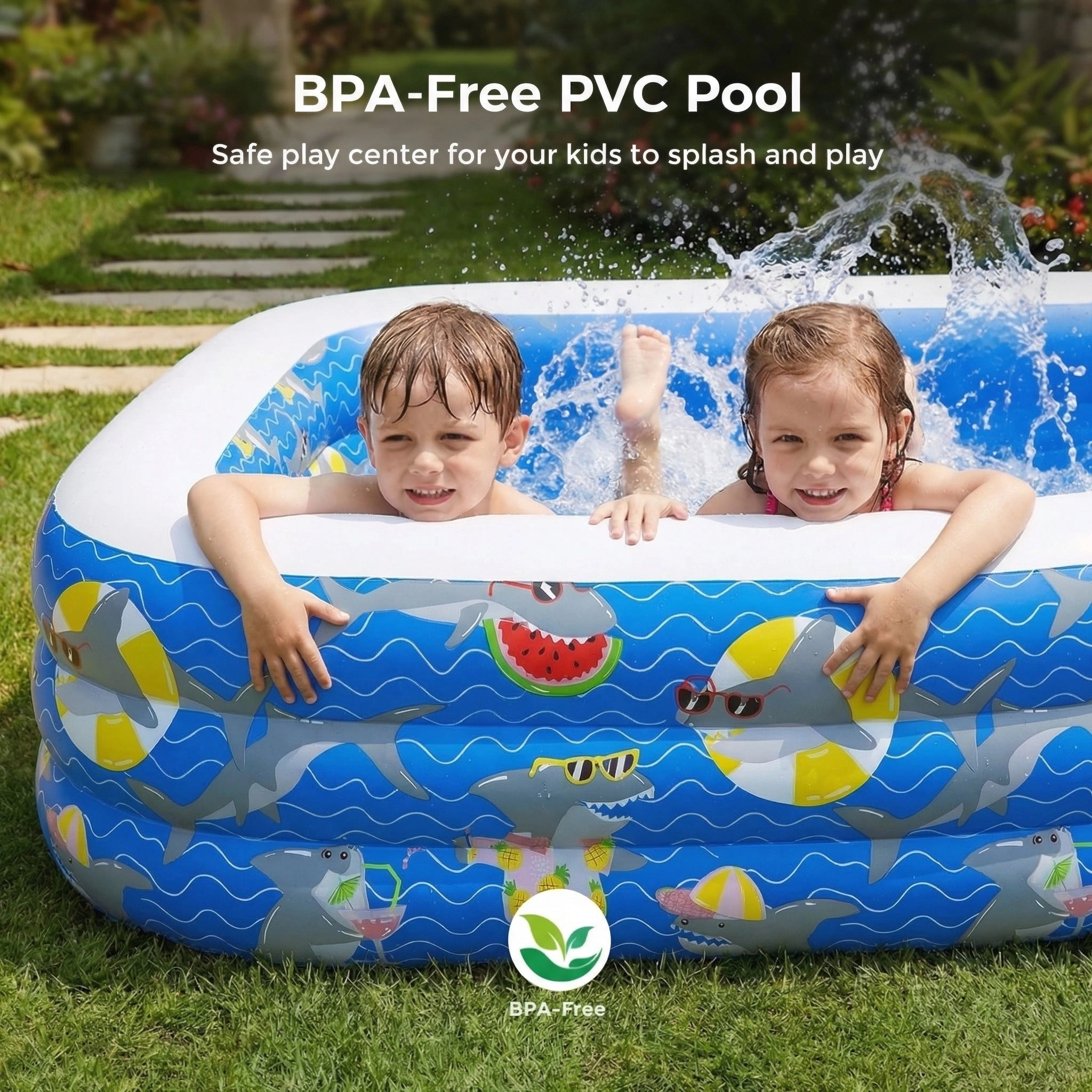 WaterCube Inflatable Kiddie Pool Shark Pattern 3-Ring Rectangular BPA-Free 9.8' x 5.7' x 1.8'