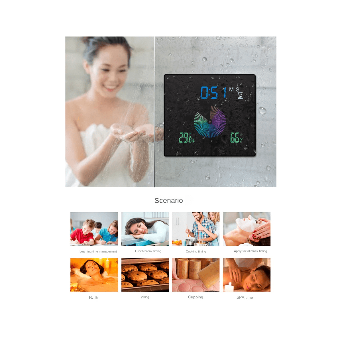 Bathroom Waterproof Wall Clock Shower Clocks Timer Digital Electronic Wall Clock Kitchen Washroom Time Black