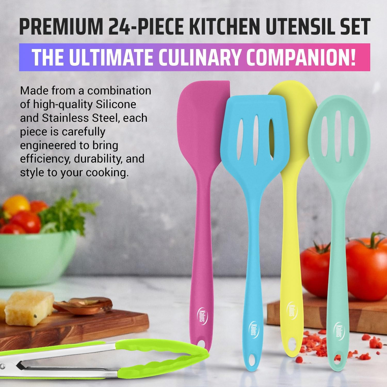 Kaluns Silicone Cooking Utensils Set 24 Pcs - Premium Heat Resistant Cooking Set & Kitchen Essentials - Non-Stick Kitchenware with Stainless Steel Handles