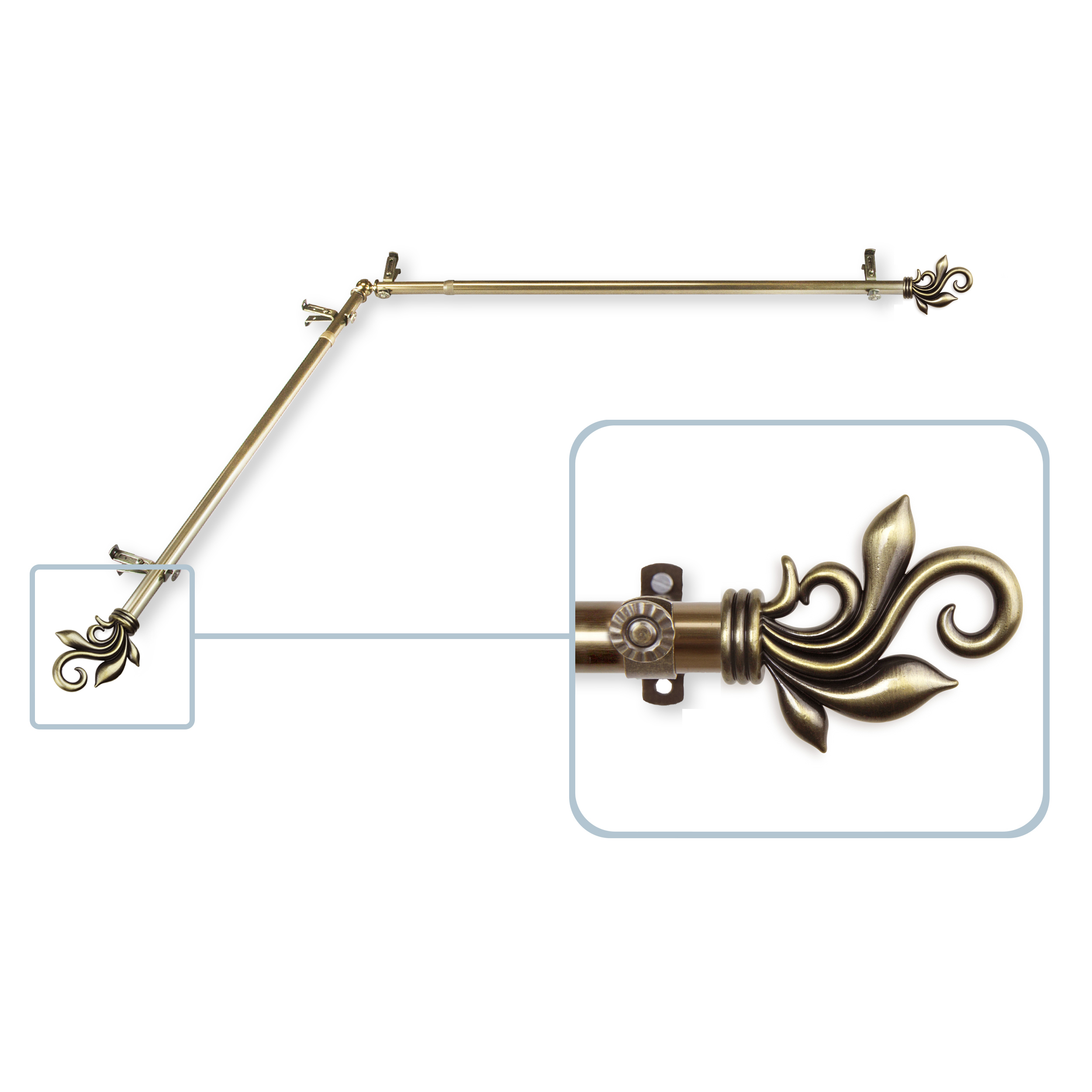 Central Design 4874-484-CORNER 0.8125 in. Giles Corner Window Curtain Rod with 48 to 84 in. Extension, Antique Brass