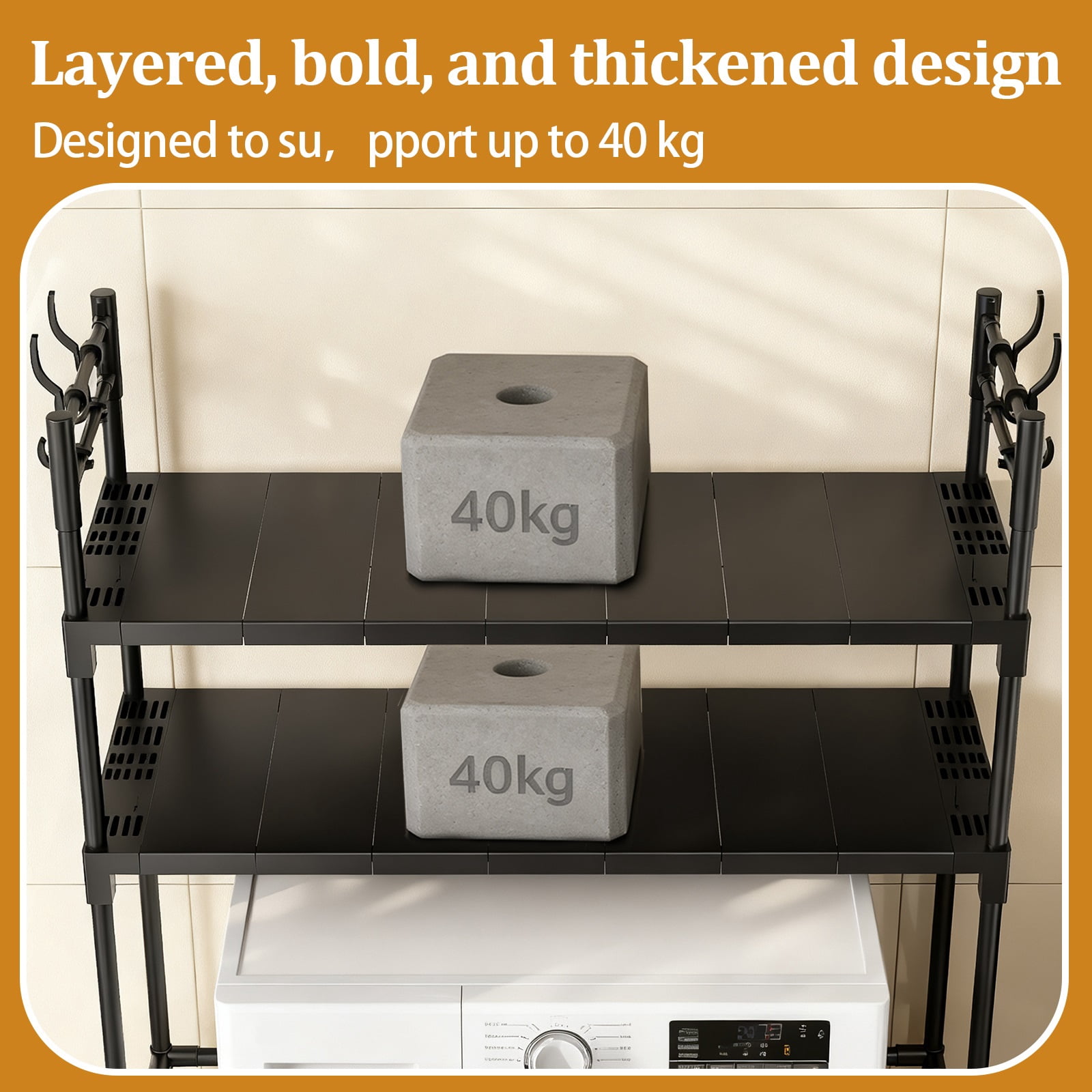 2-Tier Over Washer and Dryer Shelves - Portable Dryer Stand Over Washer with Hooks, Durable Plastic Laundry Organizer for Bathroom/Laundry Room