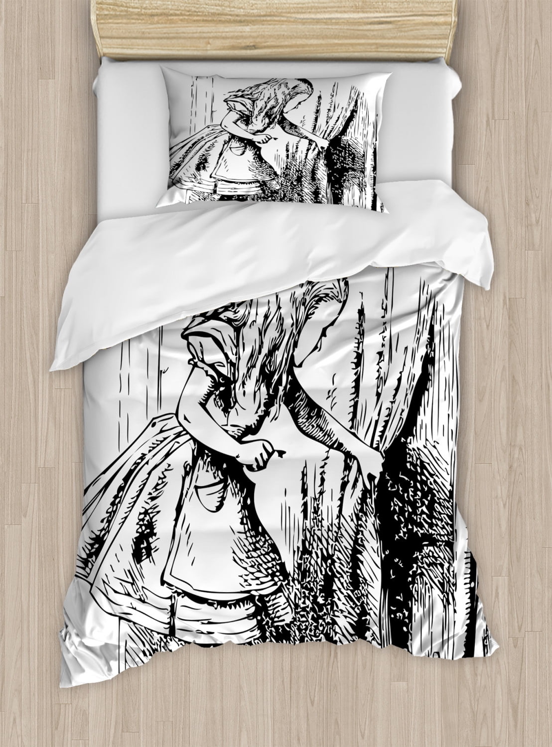Alice in Wonderland Twin Size Duvet Cover Set, Black and White Alice