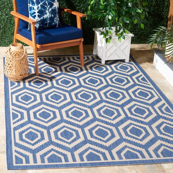 Safavieh Courtyard Amelia Geometric Indoor/Outdoor Area Rug, Blue/Beige, 5'3" x 5'3" Square