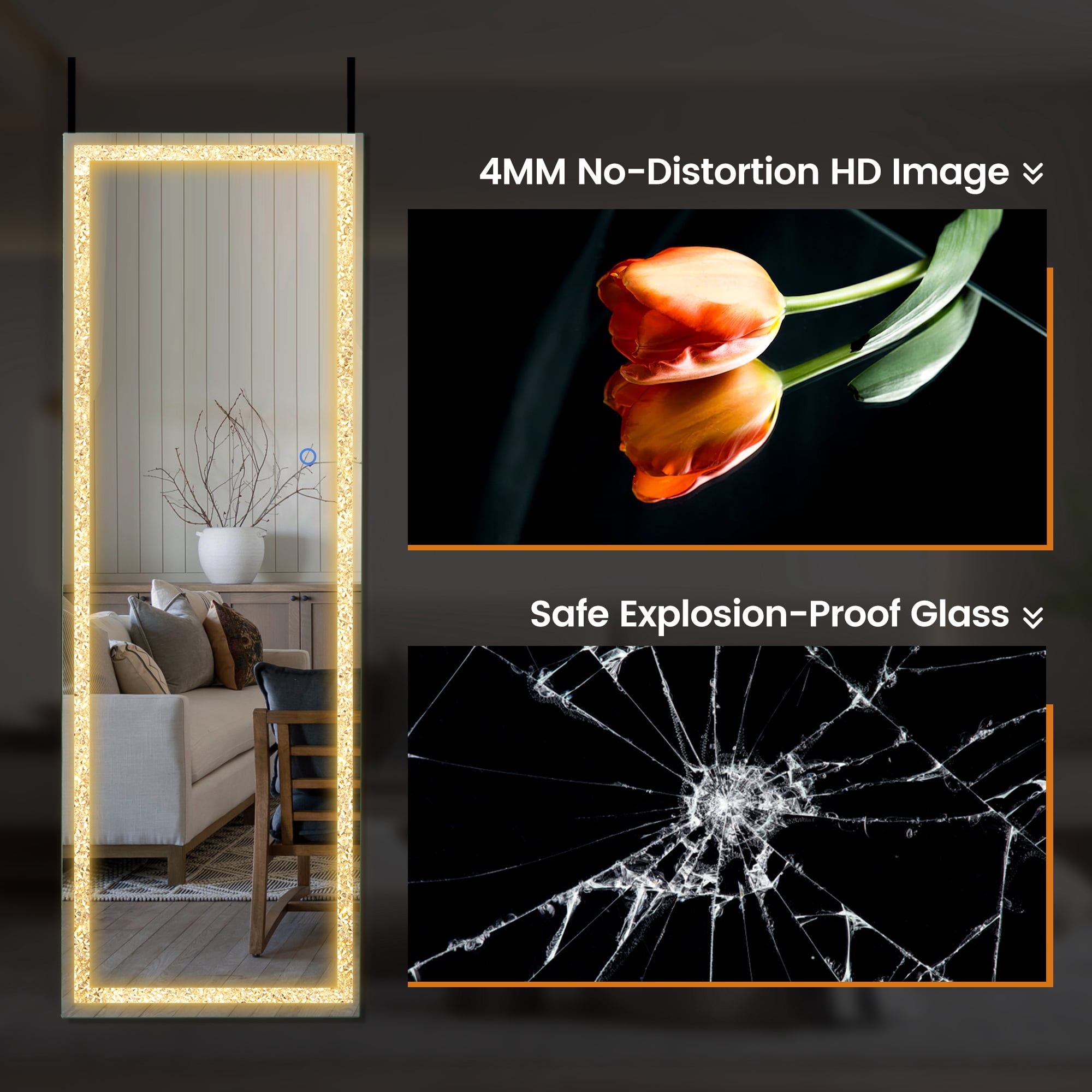 47"x16" Mordern Rectangle Hanging LED Mirror Door Mirror Vanity Mirror with Diamond,Silver