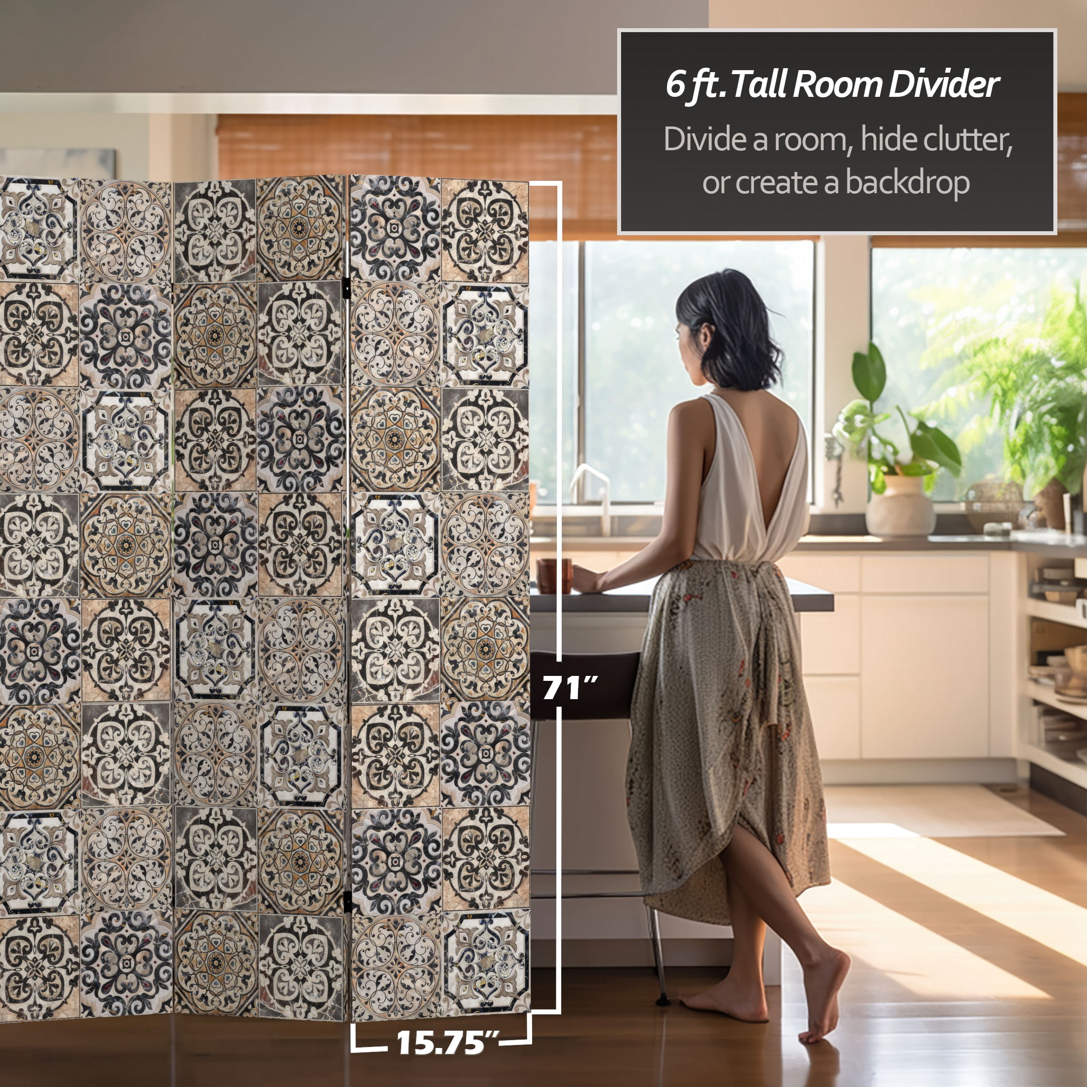 Oriental Furniture 6 ft. Tall Victorian Tile Canvas Room Divider - 3 Panel