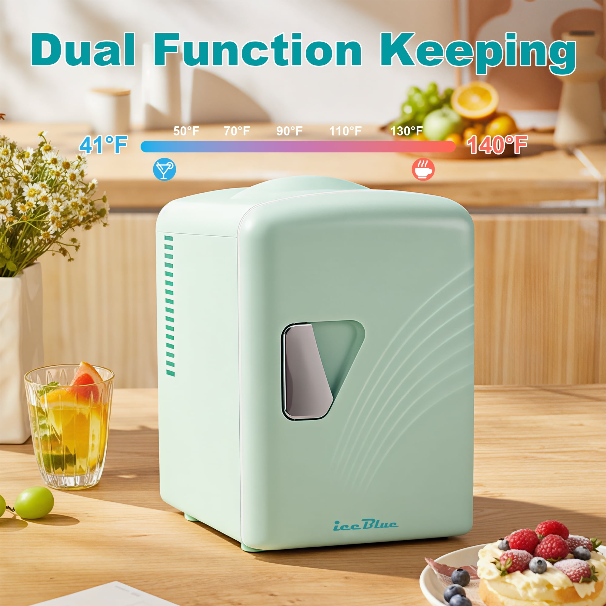 iceBlue 4L/6Can Portable Mini Fridge, Makeup & Skincare Refrigerator with Removable Shelf, Retro Design Wave Pattern Door & Matte Finish Body