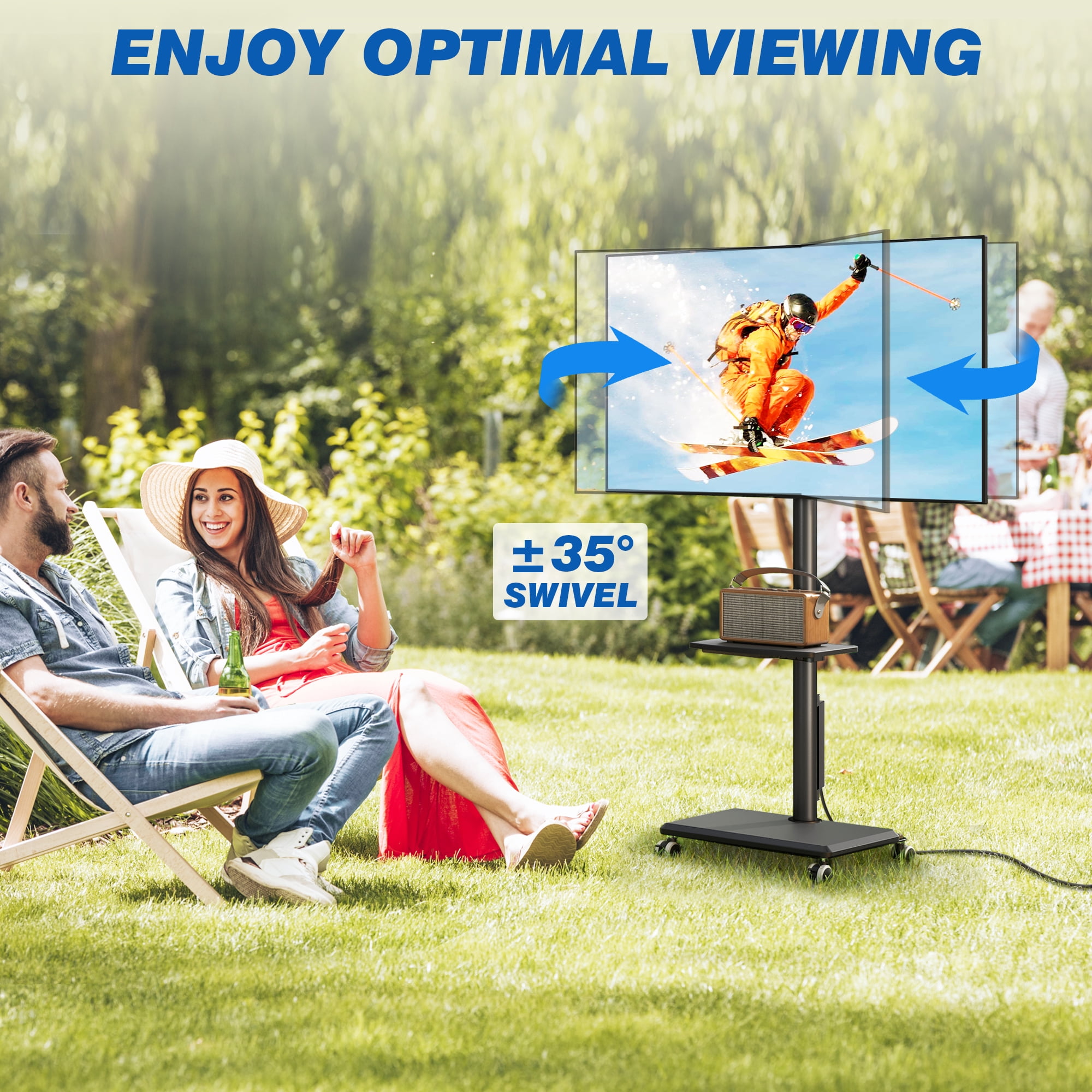 RTVR Sleek Rolling TV Stand with Power Outlet, Strong Tall Mobile TV Cart with Mount Up to 88 lbs, Height Adjustable Portable TV Stand on Wheels for 32-60 Inch TVs, Black