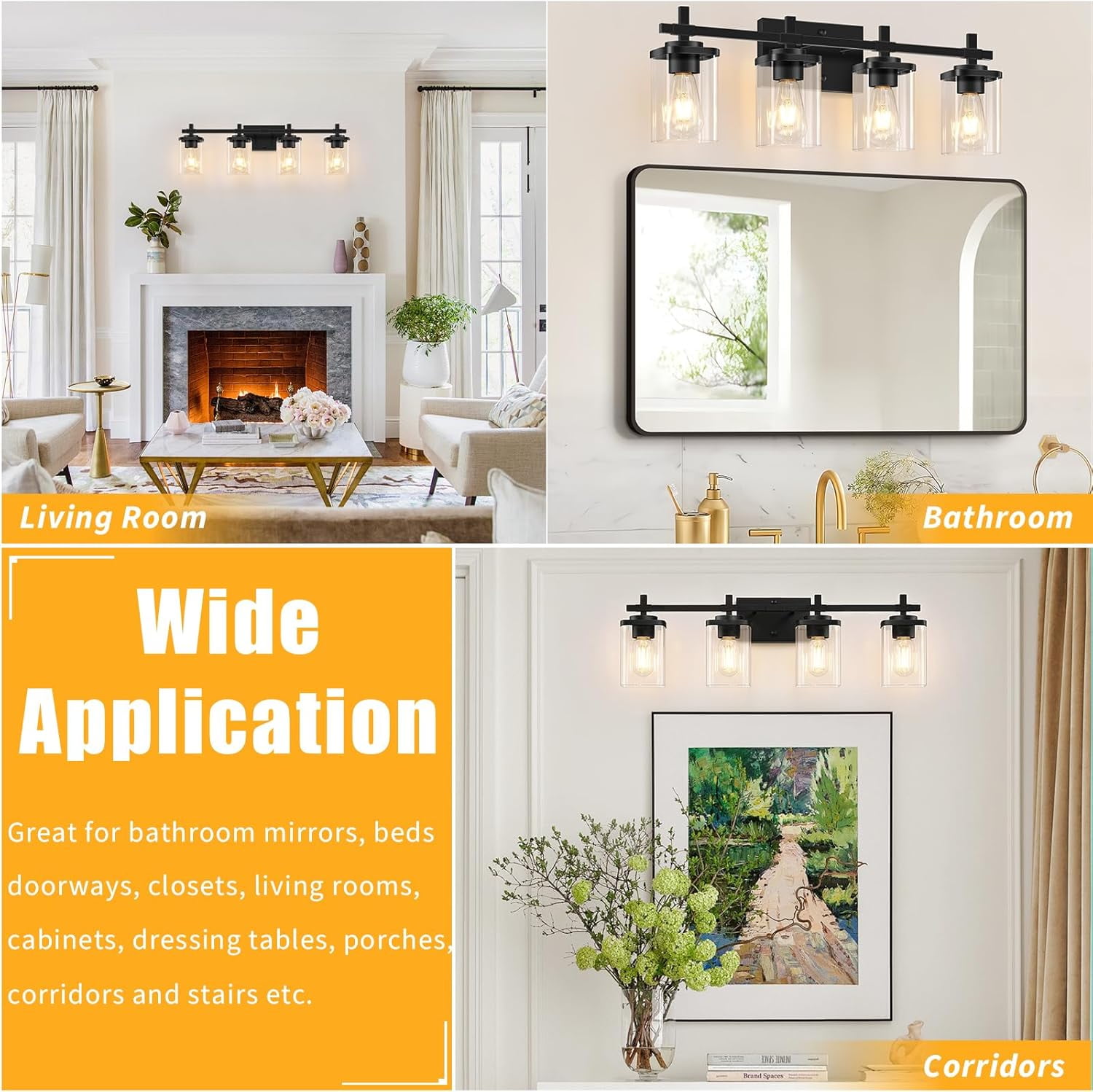 PYNSSEU 30" 4-Light Matte Black Bathroom Light Fixtures with Clear Glass Shade Vanity Lights over Mirror for Mirror Living Room Hallway Cabinet,Not Bulbs Included