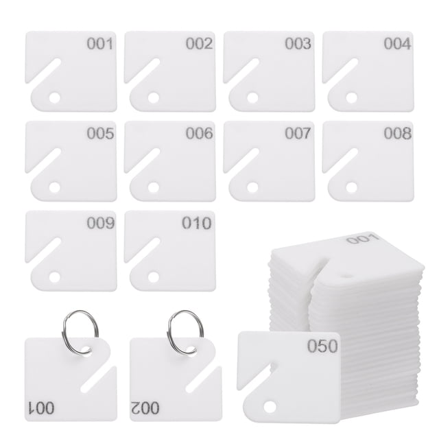 Uxcell 50Pcs Etiquetas Numeradas 1-50 Etiquetas de Llave Colgantes Ranuradas de Plástico con Anillos Etiquetas Colgantes Cuadradas Blancas 1.5"