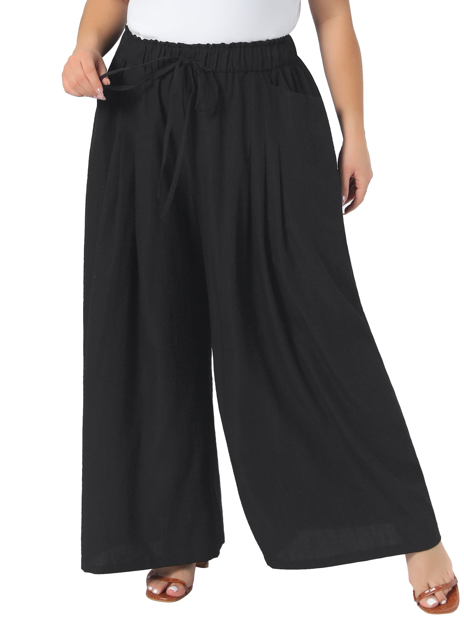 DARING DIVA Women's Plus Adjustable High Waisted Trousers with Pockets 3X Black
