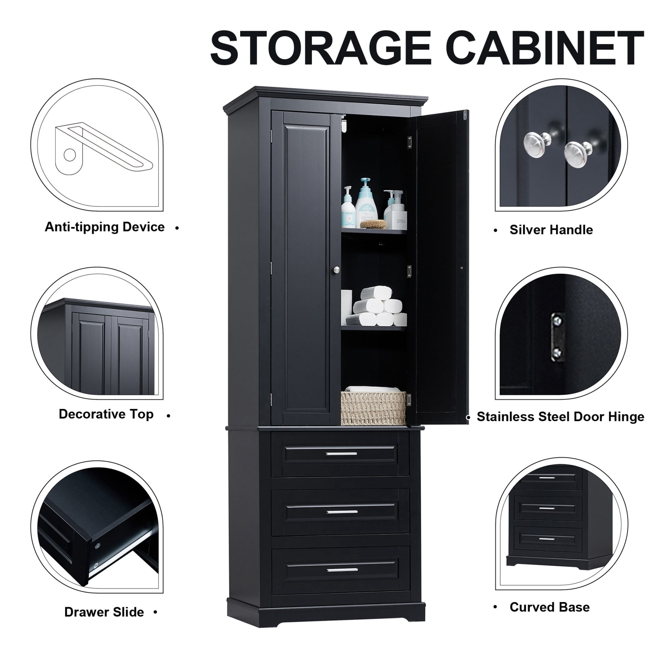 DEALTOPS Stylish Spacious Storage Cabinet with 3 Drawers and Adjustable Shelf for Bathroom, Living Room, Black