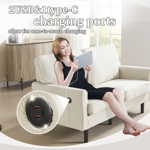 MOONMISS Mid Century Modern Loveseat,with USB & Demountable Pillow Cover for Living Room Bedroom,Beige