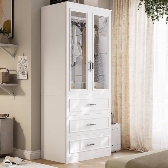 MEISSALIVVE Armoire Wardrobe Closet with 2 Door & 3 Drawers, 74.8" Large Wardrobe Cabinet with Hanging Rod, Freestanding Modern Bedroom Armoire Storage Cabinet, White